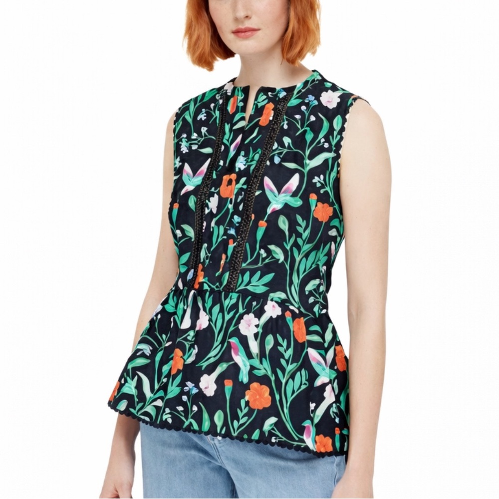 Kate Spade Jardin Poplin Floral Hummingbird Peplum Sleeveless Top - Size Small